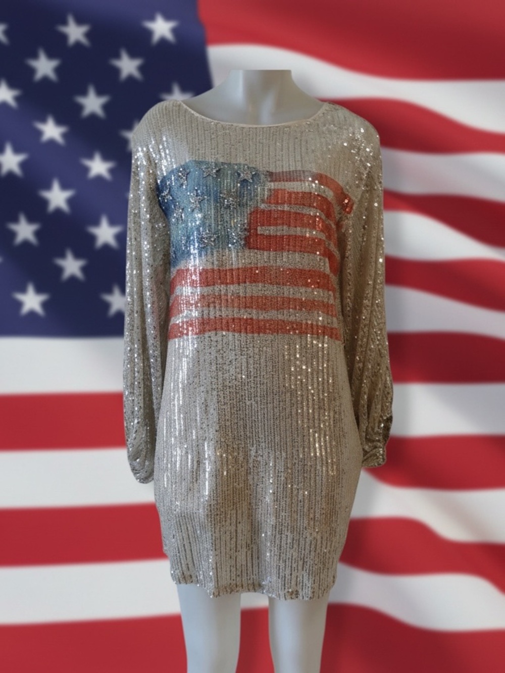 Judith March American Flag Sequin Shift Mini Dress Small Rare Patriotic